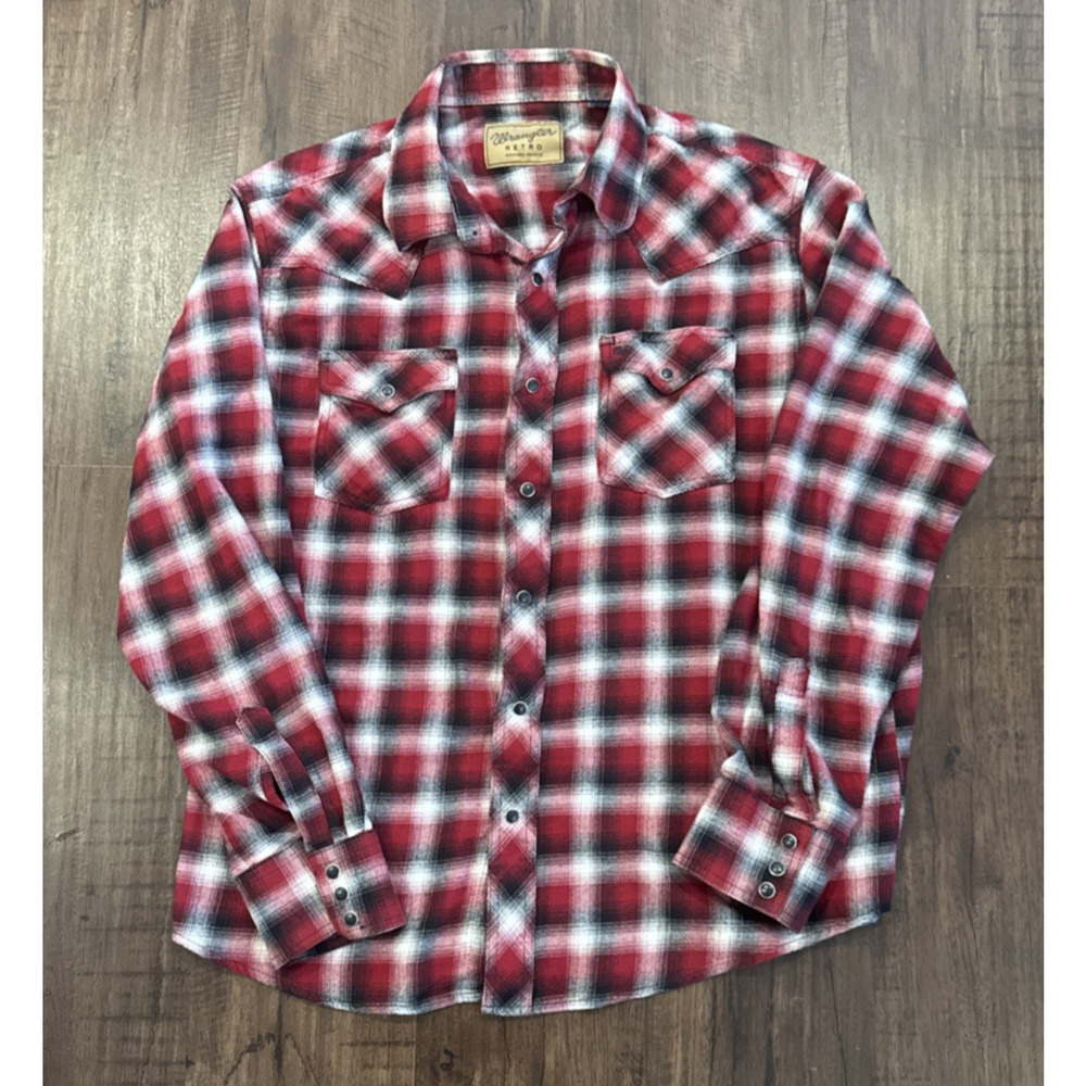 Wrangler Retro Shirt Mens XL Red Black Plaid Flannel Pearl Snap Cowboy Rodeo